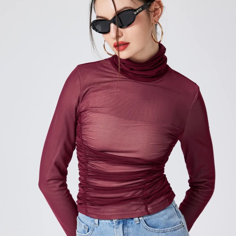 [NEW] Cider Burgundy Mesh Turtleneck Blouse